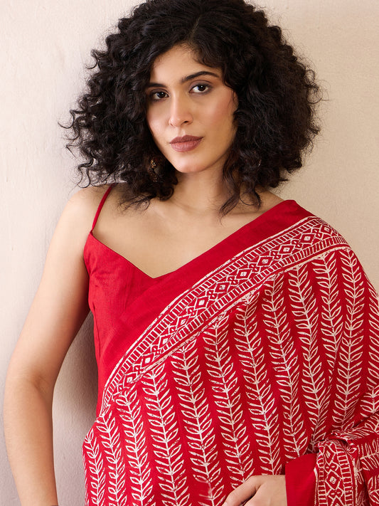 Ready To Wear Red Batik Print Cotton Saree