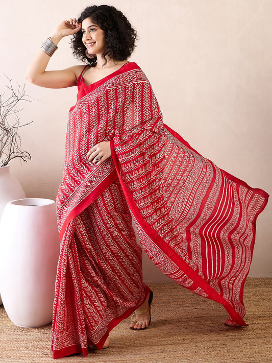 Red Bagh Block Print Cotton Saree