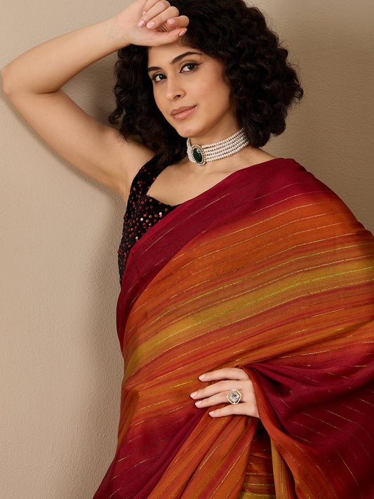 Ready to Wear Maroon Ombre Stripe Georgette Saree