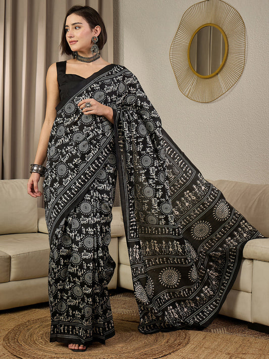 Black Warli Printed Bhagalpuri Saree