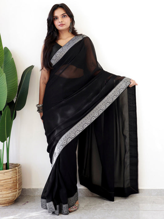 Black Georgette Solid Saree with Silver Zari Border