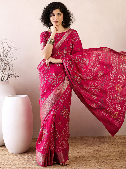 Ready to wear Pink Bandhani Printed Zari Saree