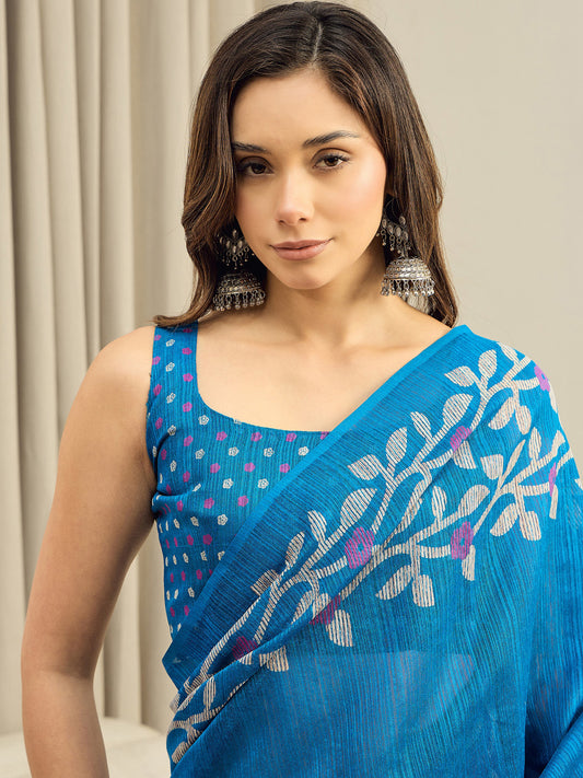Blue Cotton Slub Floral Printed Saree
