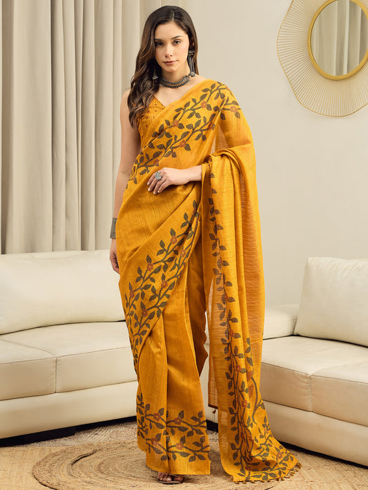 Mustard Yellow Cotton Slub Saree