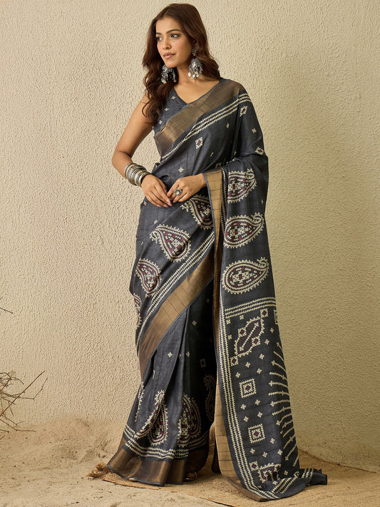 Slate Grey Tussar Silk Saree with Gold Zari Check Body, Kutch Cross-Stitch Paisley Pallu with Sunburst Mandala & Matching Blouse