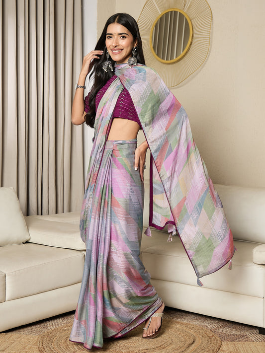 Pastel Multicolour Abstract Print Satin Saree with Silver Mukaish Work & Tassel Border