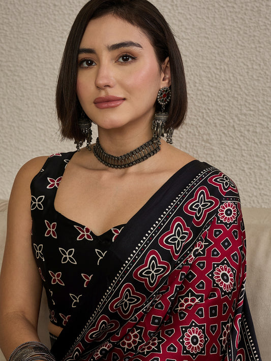 Ready to wear Maroon Satin Ajrakh Print Saree
