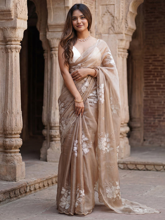 Elegant Beige Organza Saree