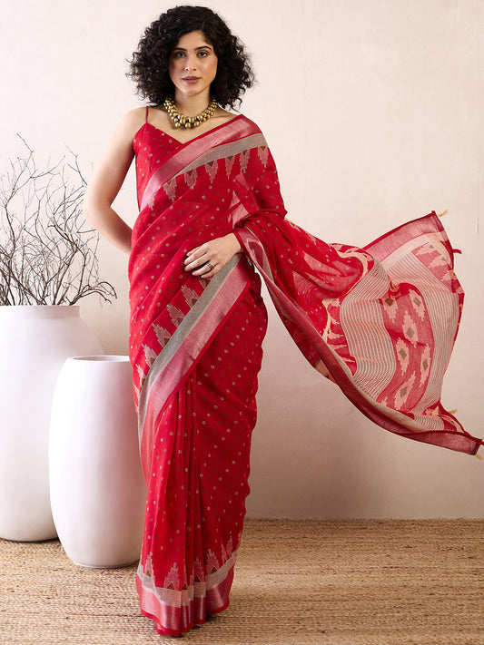 Red Butti Print Saree with Silver Zari Accents