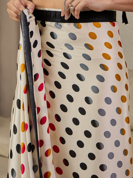 Ivory Crepe Saree with Multi-Color Polka Dots