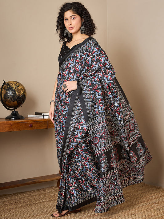 Ready to Wear Black Ajrakh Block Print Saree