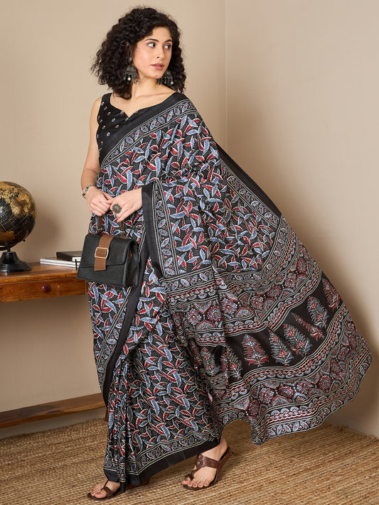 Ready to Wear Black Ajrakh Block Print Saree