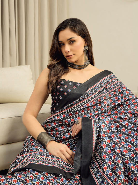 Black Ajrakh Modal Silk Saree