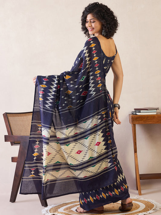 Navy Blue Ikat-Inspired Cotton Silk Saree with Multicoloured Ready to wear Saree