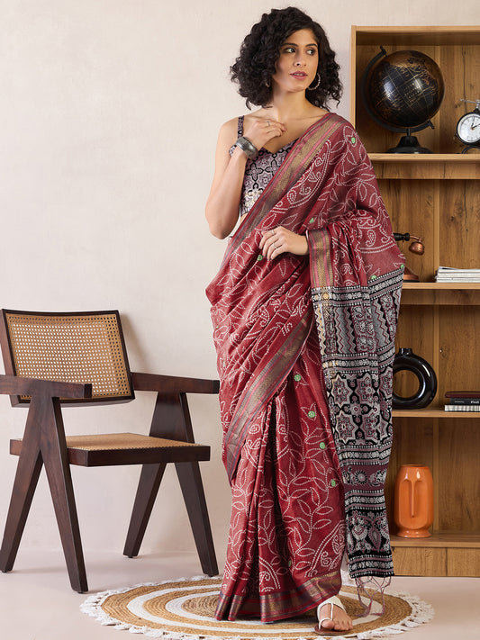 Ready to Wear Deep Burgundy Bandhani Print Cotton Saree