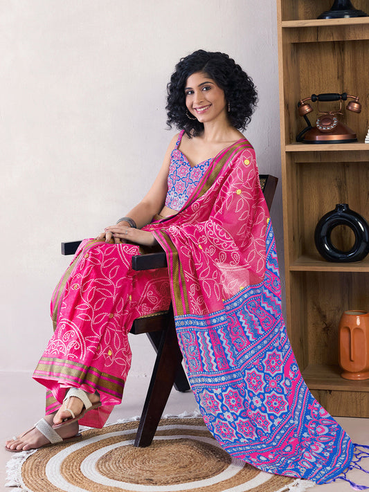 Hot Pink Gajji Silk Bandhani Saree