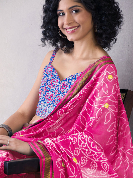Ready to Wear Hot Pink Cotton Bandhani Saree