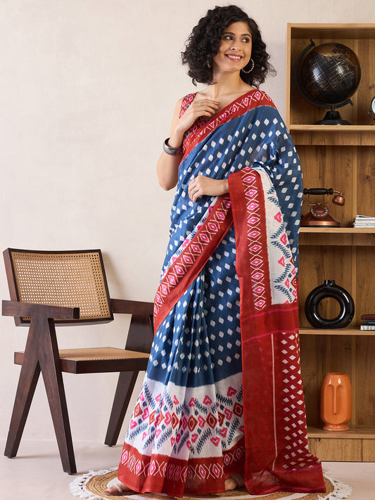 Indigo Blue Ikat Cotton Saree