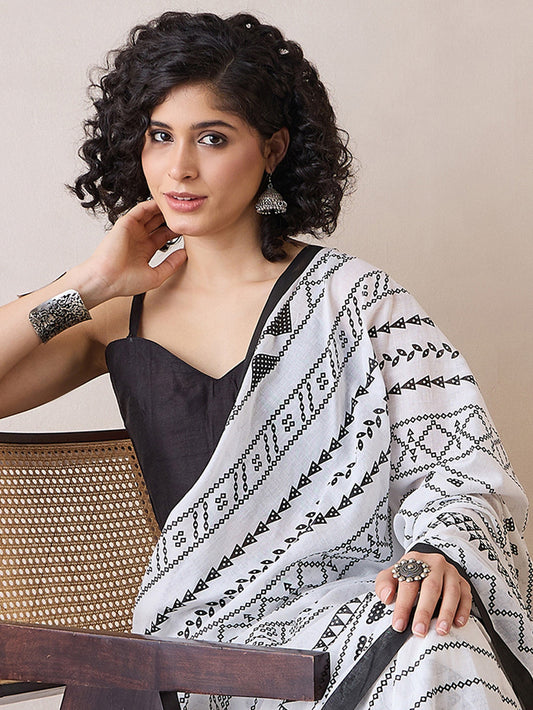 Ready to Wear White & Black Cotton Saree