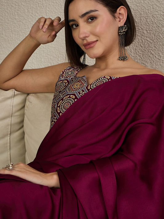 Ready to Wear Burgundy Ajrakh Print Satin Saree