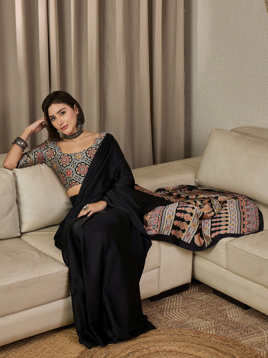 Midnight Noir Satin-Silk Saree with Heritage Ajrakh-Print Pallu & Contrast Blouse