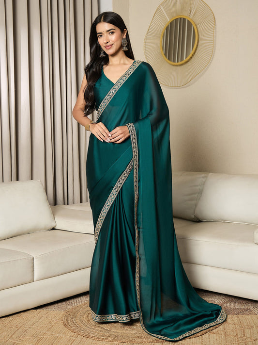 Ready To Wear Teal Green Satin Saree