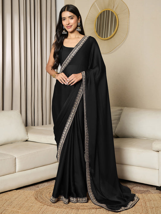 Black Embroidered Georgette Ready-to-Wear Saree