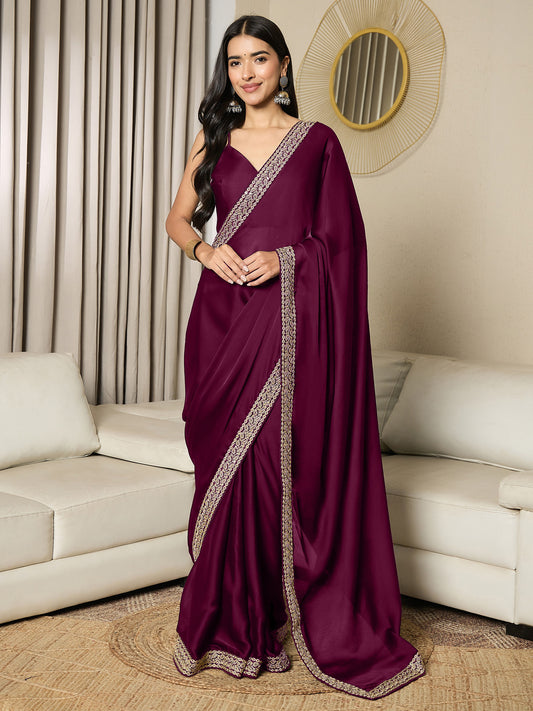 RTW Wine Chiffon with Embroidered Border Saree