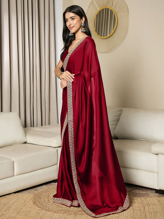 Crimson Silk Saree with Embroidered Border
