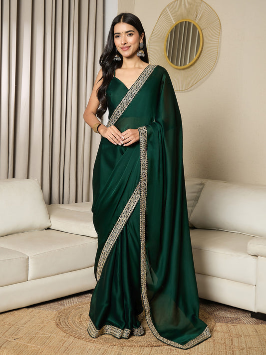 Ready to Wear Emerald Green Georgette Saree with Zari Border