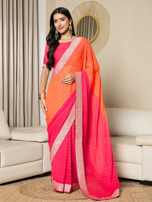 Orange Pink Silk Blend Shaded Pattern Sequin Embroidered Border Designer Blouse Saree