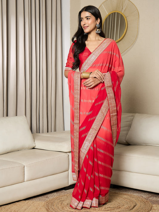 Red Leheriya Print Polyester Saree with Embroidered Border