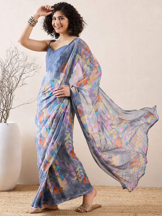 Ready to Wear Geometric Print Chiffon Saree