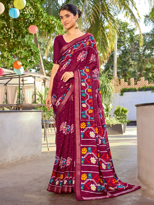 Wine Patola Printed Cotton Silk Saree