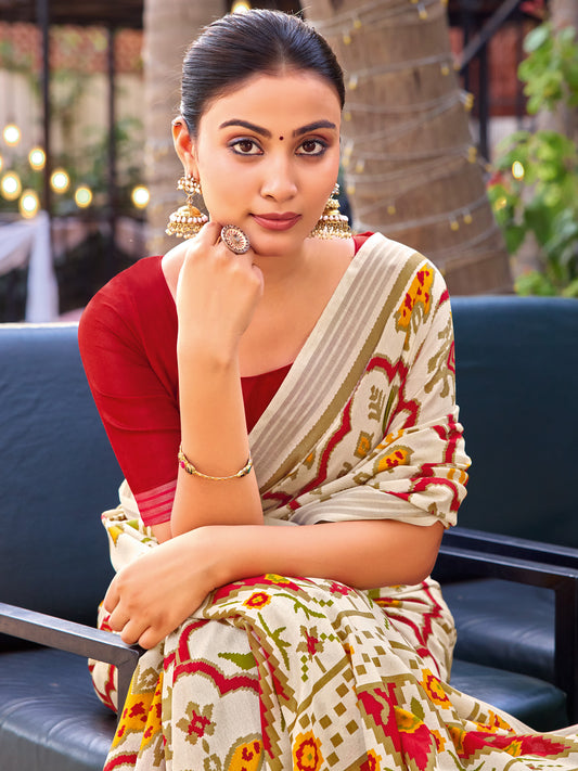 Off-White and Red Patola Saree