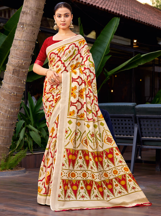 Off-White and Red Patola Saree