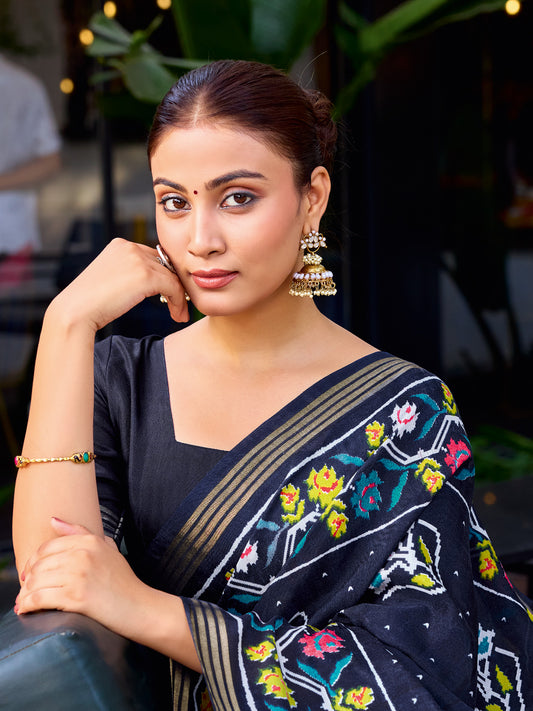 Navy Blue Patola Printed Saree