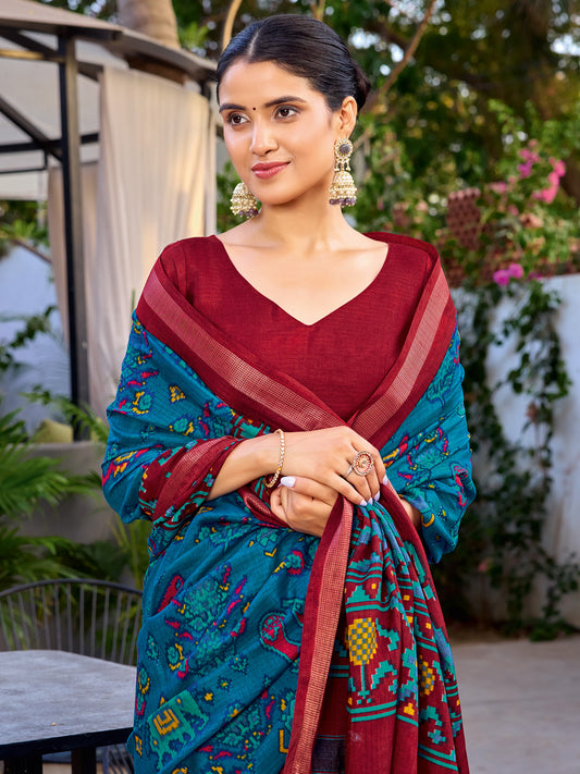 Teal Blue Patola Printed Cotton Saree