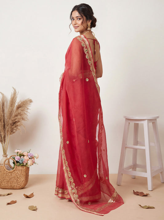 Crimson Red Kota Doria Cotton Saree with Gota Patti Border