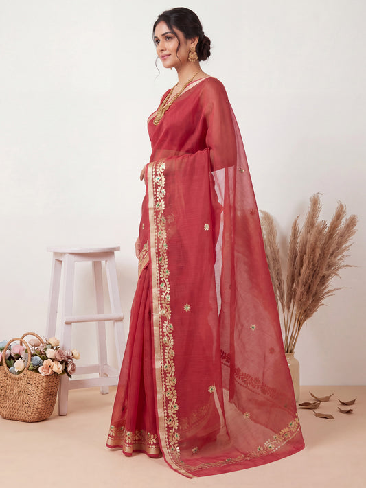 Crimson Red Kota Doria Cotton Saree with Gota Patti Border