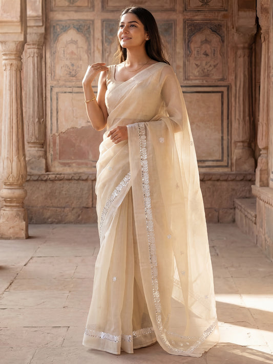 Silk Blend Silver Embroidered Saree