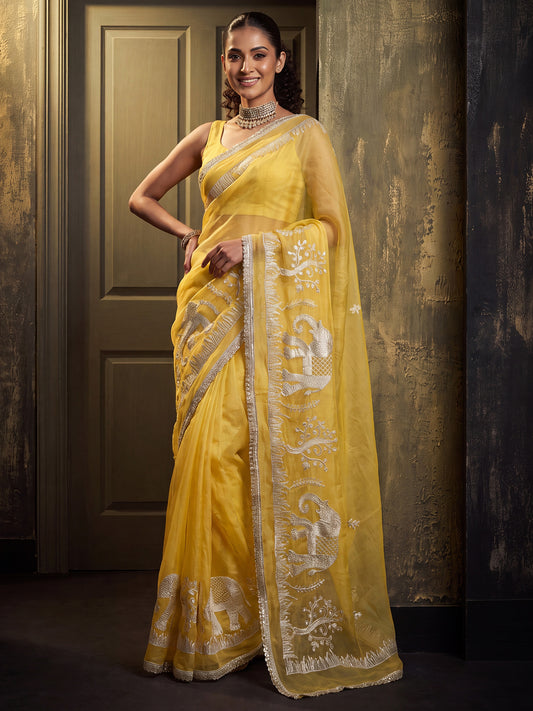 Yellow Elephant & Floral Embroidery Georgette Saree