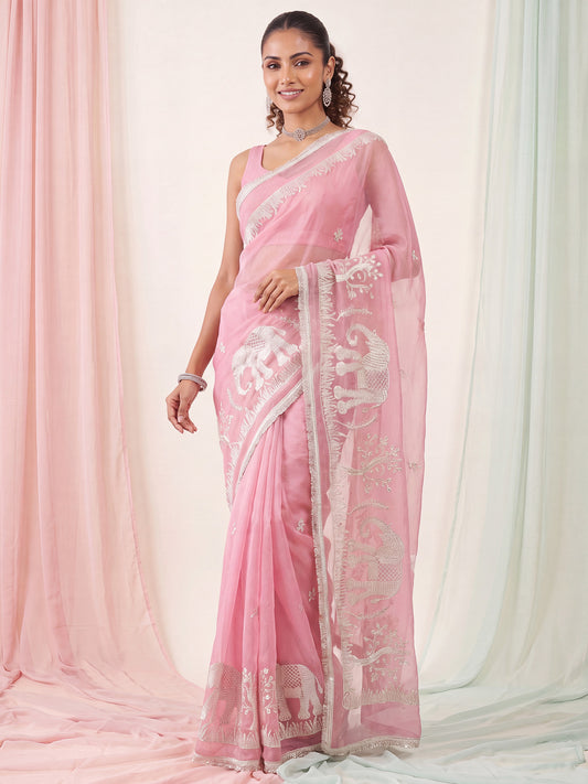 Pink Silver Zari Elephant & Floral Embroidery Georgette Saree
