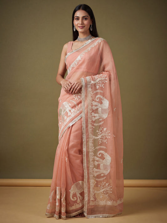 Peach Silver Zari Elephant & Floral Embroidery Georgette Saree