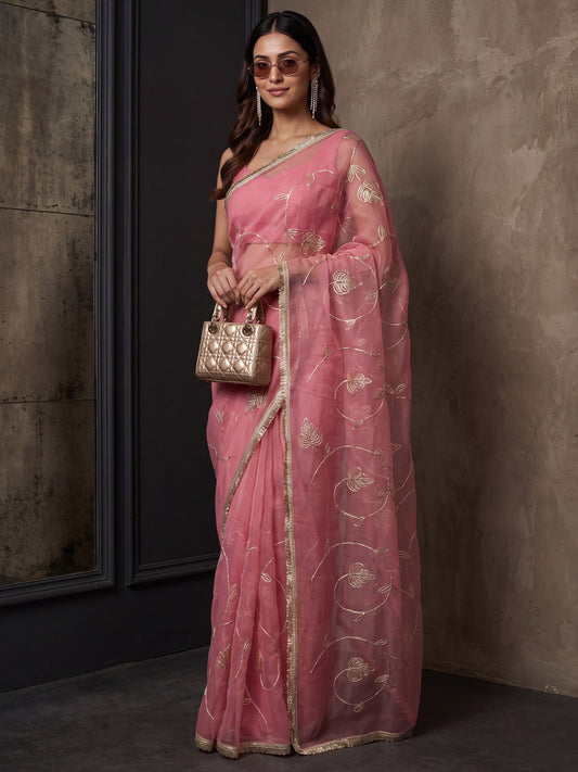 Pink Gold Zari Floral Vine Embroidery Georgette Saree