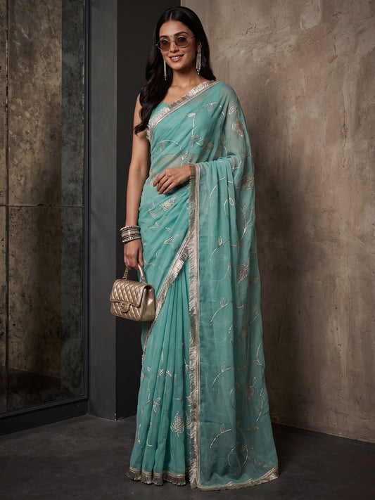 Teal Blue Gold Zari Floral Vine Embroidery Georgette Saree