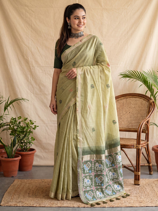 Light Green Ikkat Style Cotton Linen Saree