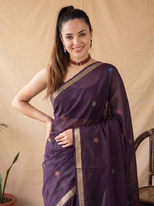 Wine Floral & Bird Embroidery Linen Cotton Saree