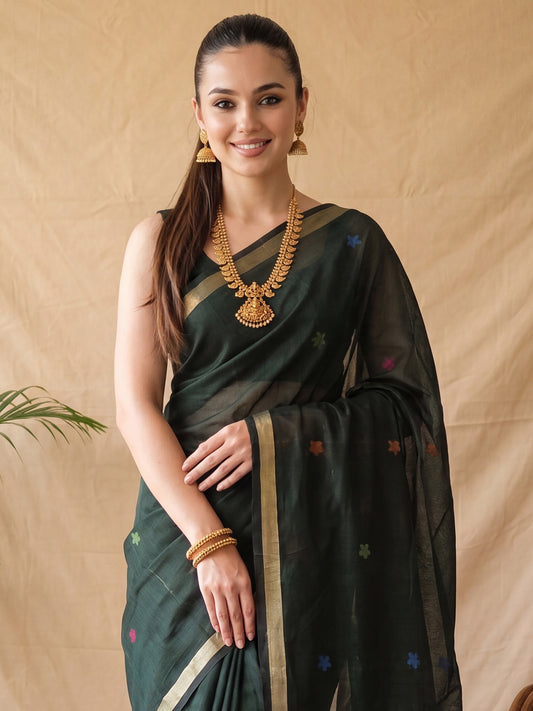 Bottle Green Woven & Embroidered Cotton Linen Saree
