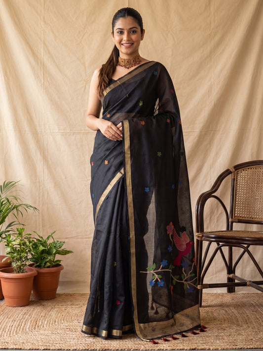 Black Woven & Embroidered Cotton Linen Saree